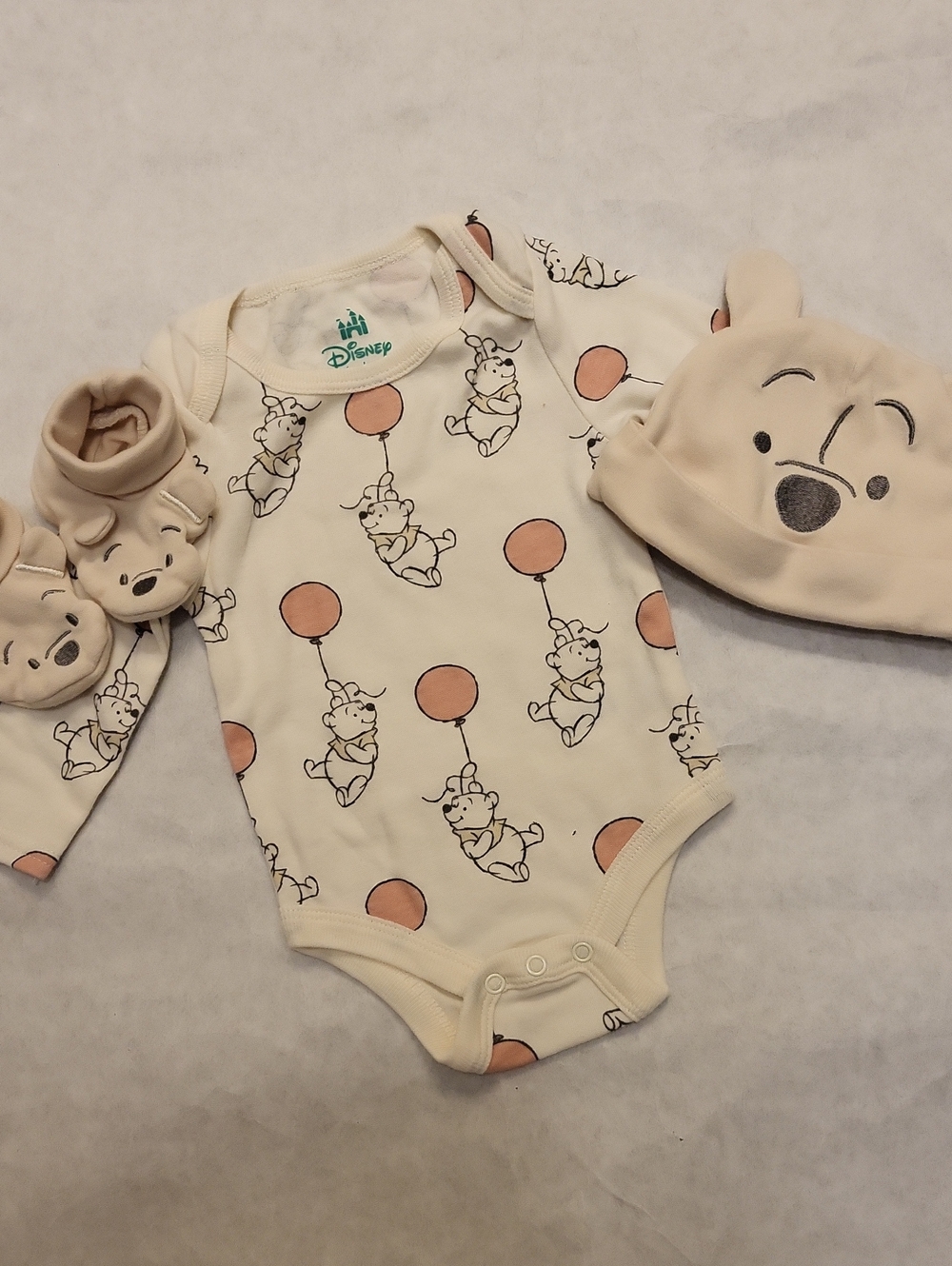 Disney Cream Winnie the Pooh long sleeve onesie/bodysuit with hat and slippers